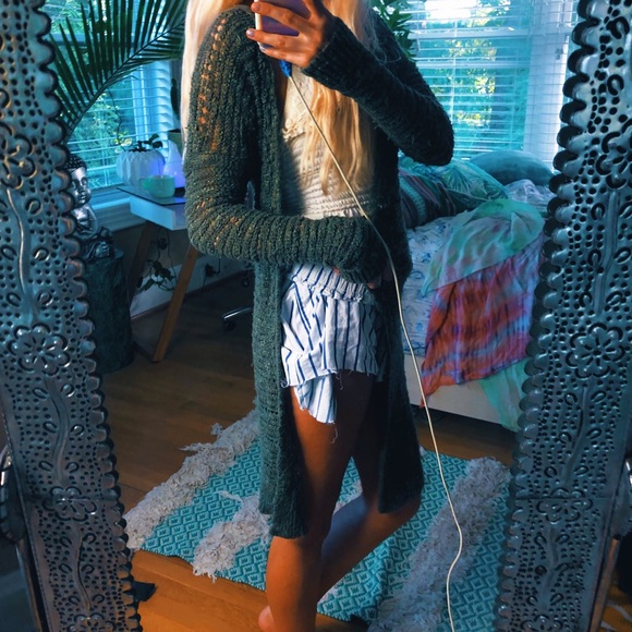 Sweaters - moss nature vibes open knit crochet longline cardi